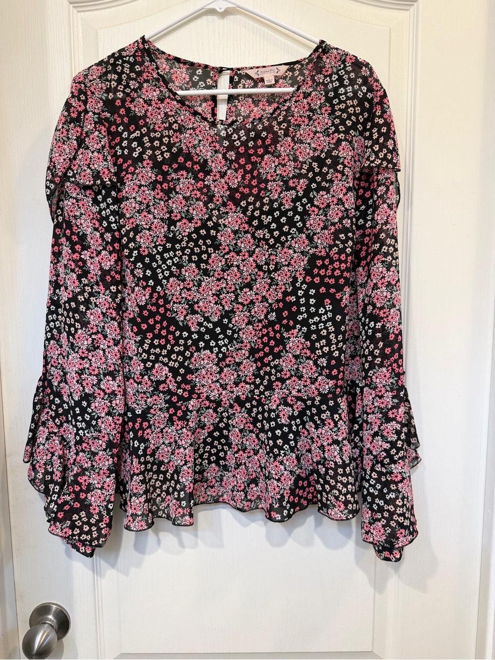 Nanette Nanette Lepore Blouse L Black Pink Floral Ruffle Bell Sleeve Peplum Top